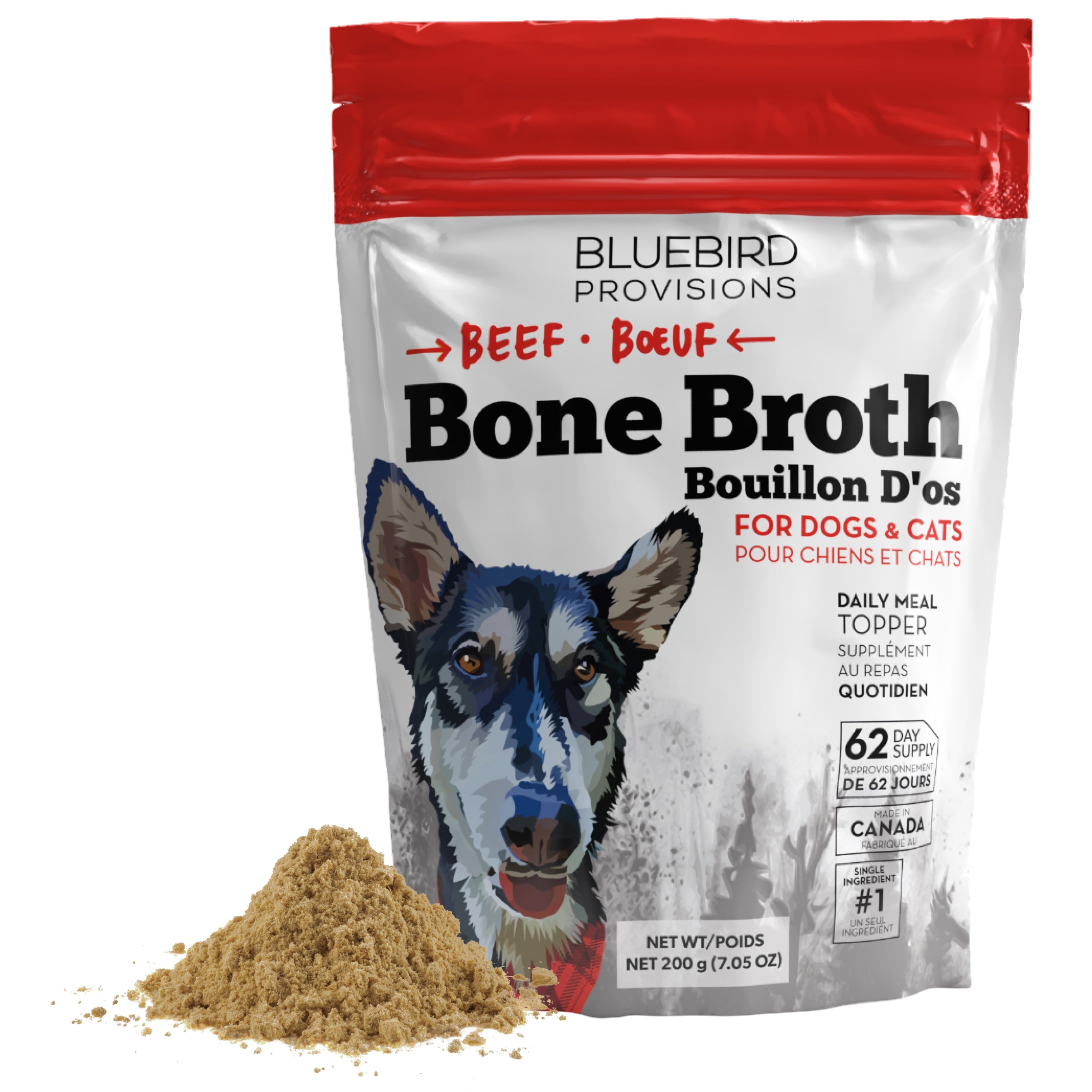 Bag of Bluebird Provisions Bone Broth for dogs and cats with a pile of bone broth on a white background.
