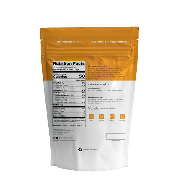 bone broth powder back of package nutrition facts, protein and calories